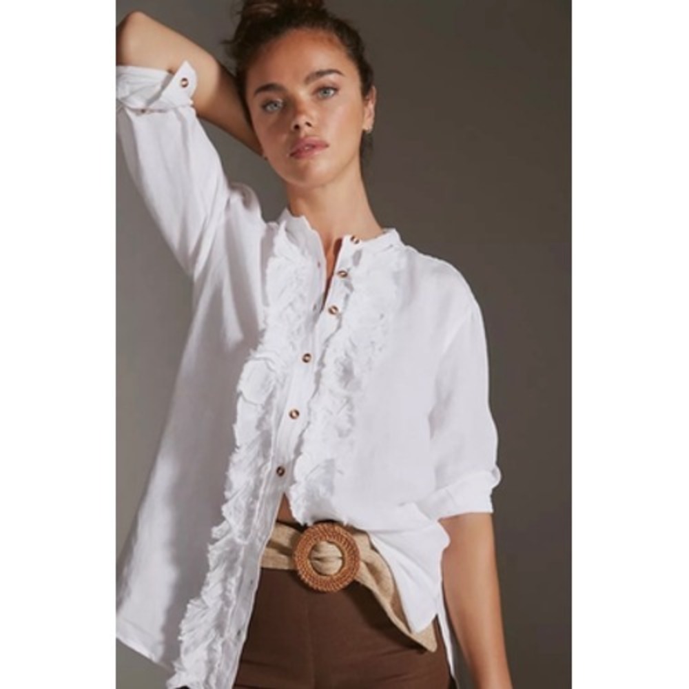 Pilcro Shirt Womens XXS White Ruffle Linen Lagenlook Tunic‎ Boho Anthropologie